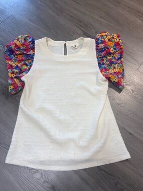 White Top with Multicolor Floral Puff Sleeves